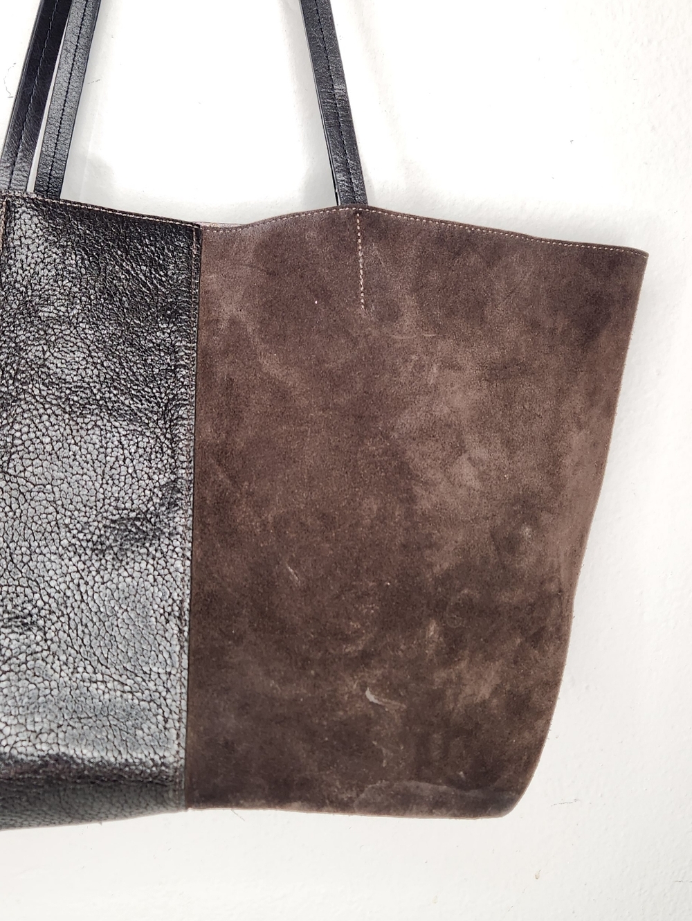 B May Leather Suede Tote Bag Shoulder Bag Two Tone Textured Designer Brown Purse - Picture 5 of 16